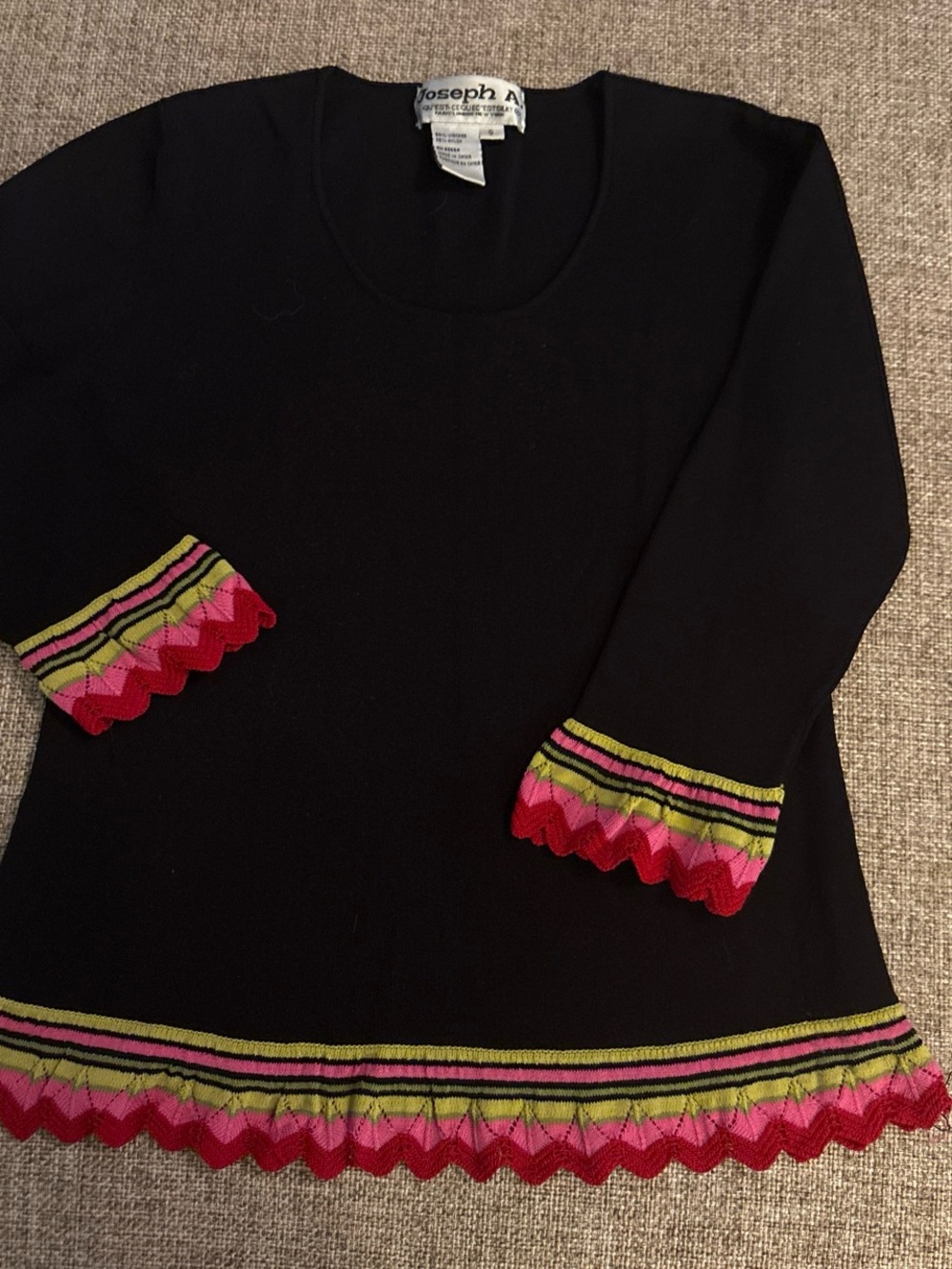 Joseph A Black Knit Top with Pink & Green Trim